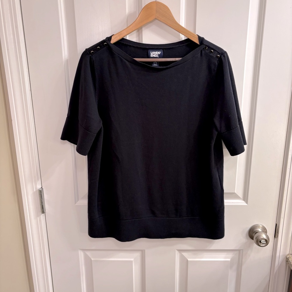Lands' End Black Women’s Cotton Modal Button Shoulder Boatneck Sweater, 1X